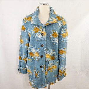 La Cera blue floral wool peacoat mustard Yellow jacket women's size medium